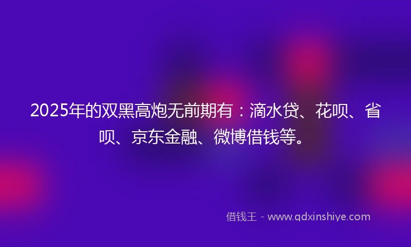 2025年的双黑高炮无前期有：滴水贷、花呗、省呗、京东金融、微博借钱等。