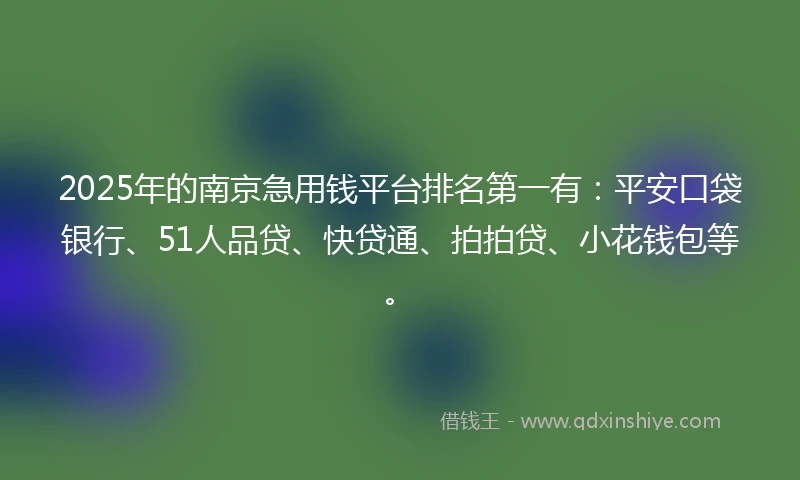 2025年的南京急用钱平台排名第一有：平安口袋银行、51人品贷、快贷通、拍拍贷、小花钱包等。