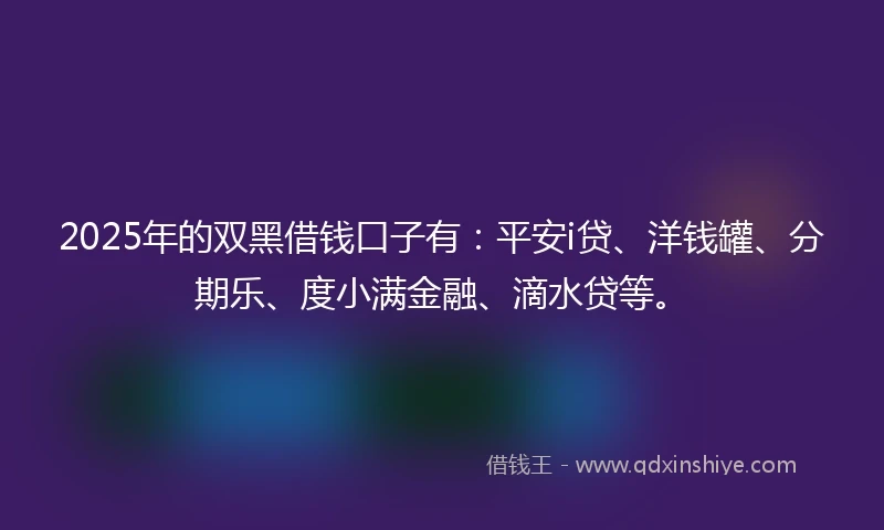 2025年的双黑借钱口子有：平安i贷、洋钱罐、分期乐、度小满金融、滴水贷等。