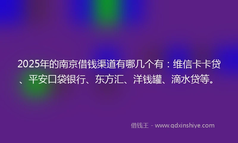2025年的南京借钱渠道有哪几个有：维信卡卡贷、平安口袋银行、东方汇、洋钱罐、滴水贷等。