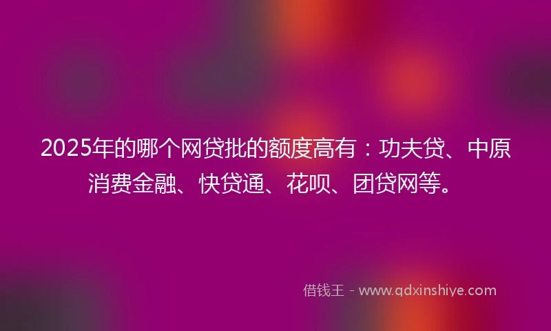 2025年的哪个网贷批的额度高有：功夫贷、中原消费金融、快贷通、花呗、团贷网等。