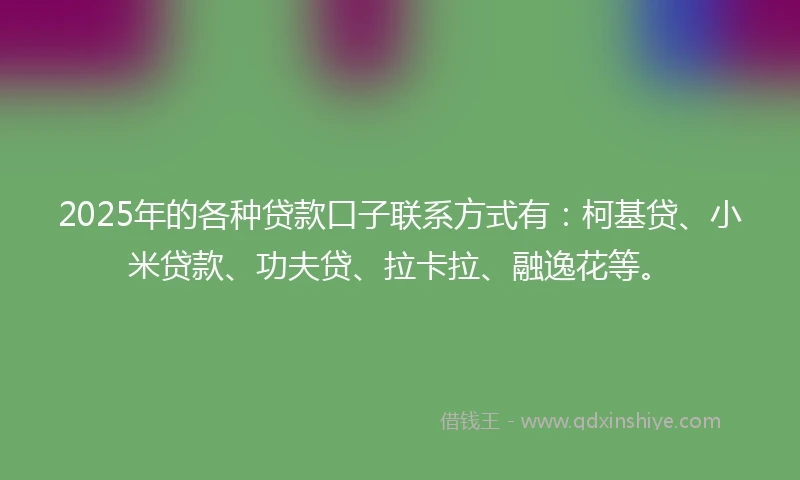 2025年的各种贷款口子联系方式有：柯基贷、小米贷款、功夫贷、拉卡拉、融逸花等。