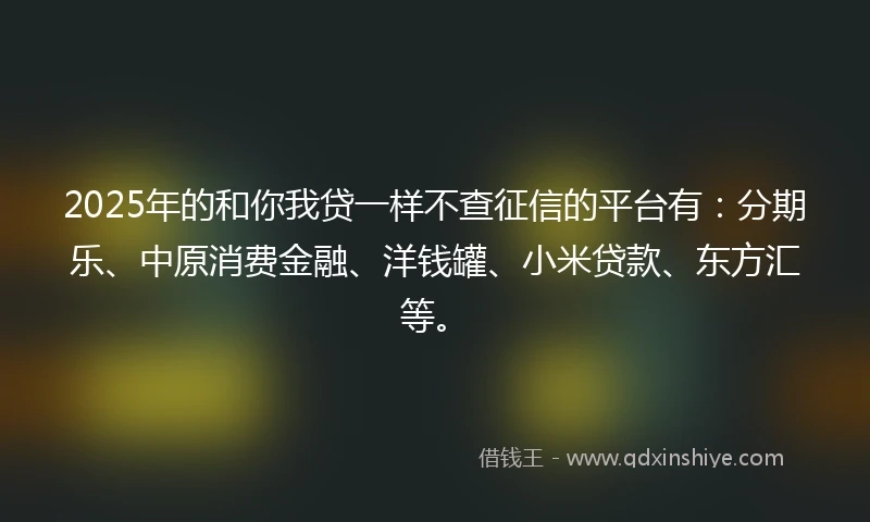 2025年的和你我贷一样不查征信的平台有：分期乐、中原消费金融、洋钱罐、小米贷款、东方汇等。