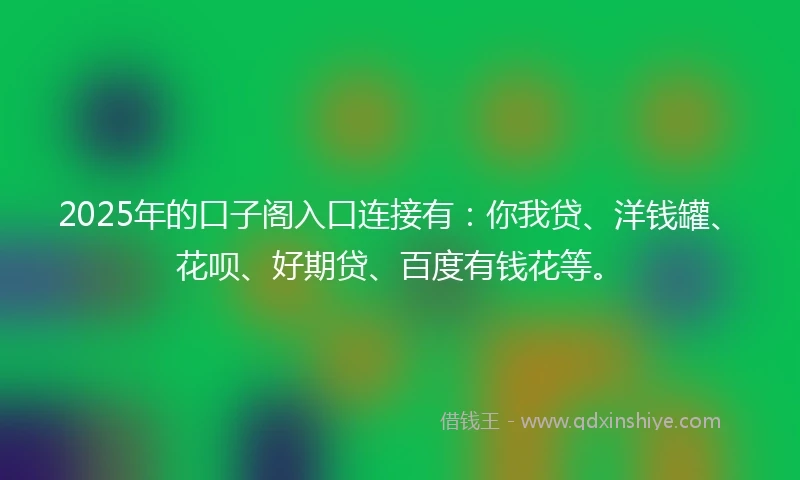 2025年的口子阁入口连接有：你我贷、洋钱罐、花呗、好期贷、百度有钱花等。