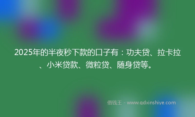 2025年的半夜秒下款的口子有：功夫贷、拉卡拉、小米贷款、微粒贷、随身贷等。