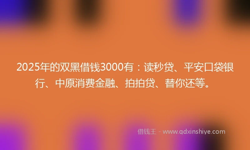 2025年的双黑借钱3000有：读秒贷、平安口袋银行、中原消费金融、拍拍贷、替你还等。