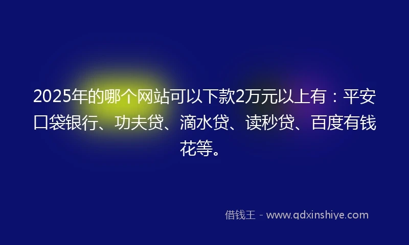2025年的哪个网站可以下款2万元以上有：平安口袋银行、功夫贷、滴水贷、读秒贷、百度有钱花等。