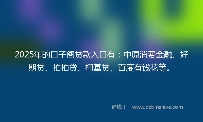2025年的口子阁贷款入口有：中原消费金融、好期贷、拍拍贷、柯基贷、百度有钱花等。
