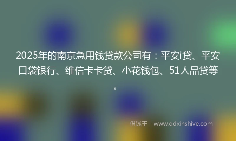 2025年的南京急用钱贷款公司有：平安i贷、平安口袋银行、维信卡卡贷、小花钱包、51人品贷等。