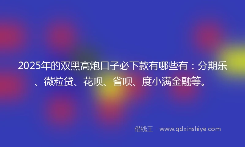 2025年的双黑高炮口子必下款有哪些有：分期乐、微粒贷、花呗、省呗、度小满金融等。