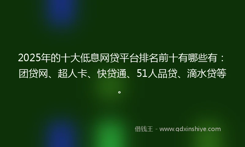 2025年的十大低息网贷平台排名前十有哪些有：团贷网、超人卡、快贷通、51人品贷、滴水贷等。