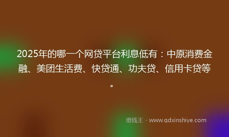 2025年的哪一个网贷平台利息低有：中原消费金融、美团生活费、快贷通、功夫贷、信用卡贷等。