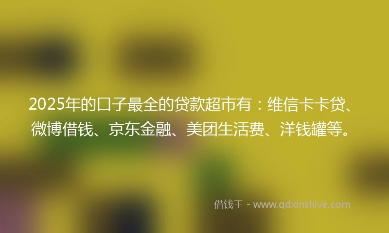2025年的口子最全的贷款超市有:维信卡卡贷、微博借钱、京东金融、美团生活费、洋钱罐等。