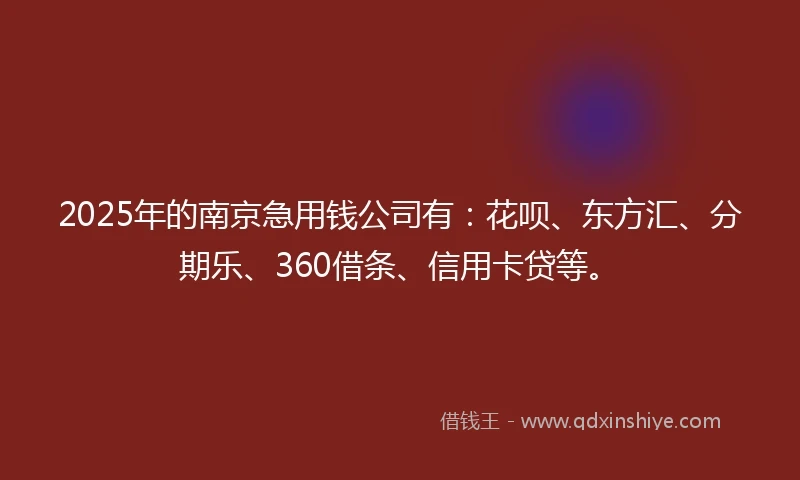 2025年的南京急用钱公司有：花呗、东方汇、分期乐、360借条、信用卡贷等。