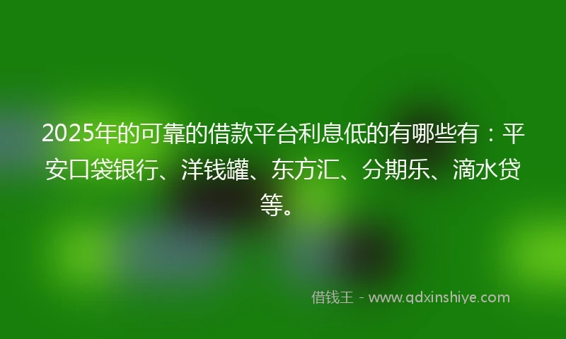 2025年的可靠的借款平台利息低的有哪些有：平安口袋银行、洋钱罐、东方汇、分期乐、滴水贷等。