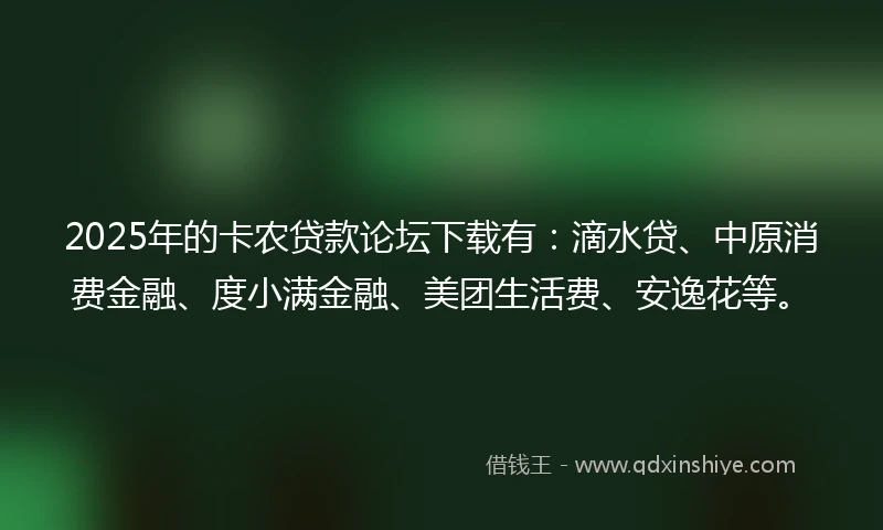 2025年的卡农贷款论坛下载有：滴水贷、中原消费金融、度小满金融、美团生活费、安逸花等。