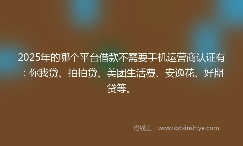 2025年的哪个平台借款不需要手机运营商认证有：你我贷、拍拍贷、美团生活费、安逸花、好期贷等。