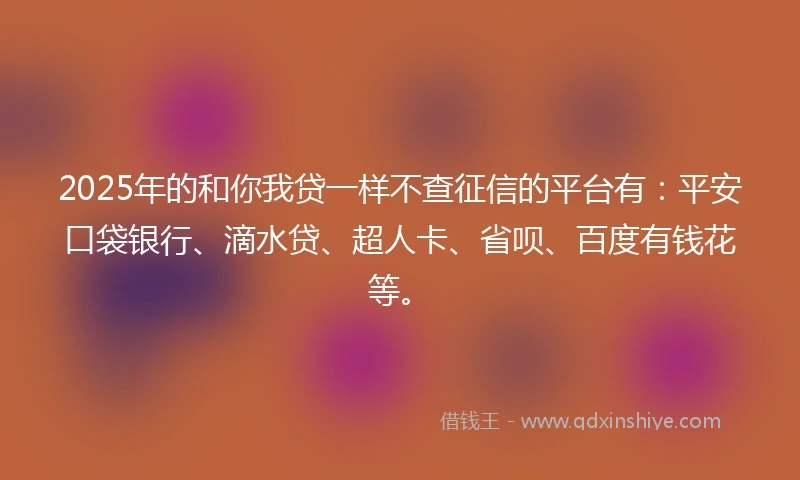 2025年的和你我贷一样不查征信的平台有：平安口袋银行、滴水贷、超人卡、省呗、百度有钱花等。