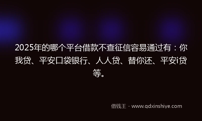 2025年的哪个平台借款不查征信容易通过有：你我贷、平安口袋银行、人人贷、替你还、平安i贷等。