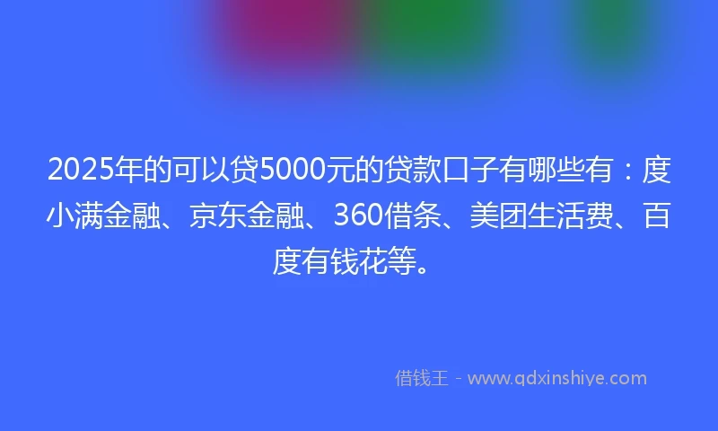 2025年的可以贷5000元的贷款口子有哪些有：度小满金融、京东金融、360借条、美团生活费、百度有钱花等。