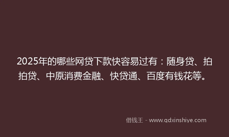 2025年的哪些网贷下款快容易过有：随身贷、拍拍贷、中原消费金融、快贷通、百度有钱花等。