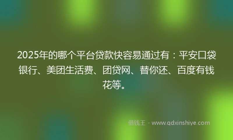 2025年的哪个平台贷款快容易通过有:平安口袋银行、美团生活费、团贷网、替你还、百度有钱花等。