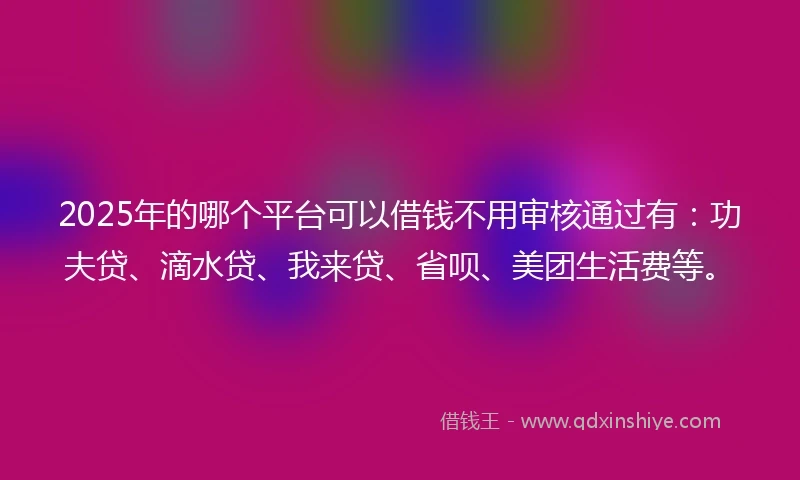 2025年的哪个平台可以借钱不用审核通过有：功夫贷、滴水贷、我来贷、省呗、美团生活费等。