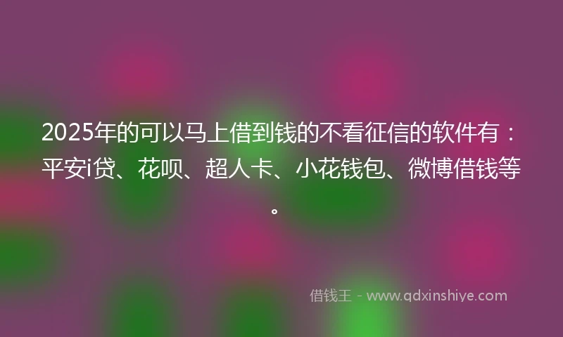2025年的可以马上借到钱的不看征信的软件有：平安i贷、花呗、超人卡、小花钱包、微博借钱等。