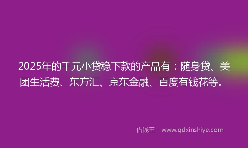 2025年的千元小贷稳下款的产品有：随身贷、美团生活费、东方汇、京东金融、百度有钱花等。