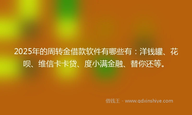 2025年的周转金借款软件有哪些有：洋钱罐、花呗、维信卡卡贷、度小满金融、替你还等。