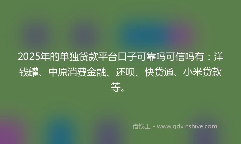 2025年的单独贷款平台口子可靠吗可信吗有：洋钱罐、中原消费金融、还呗、快贷通、小米贷款等。