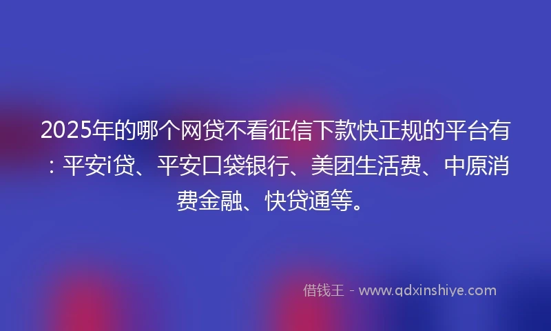 2025年的哪个网贷不看征信下款快正规的平台有：平安i贷、平安口袋银行、美团生活费、中原消费金融、快贷通等。