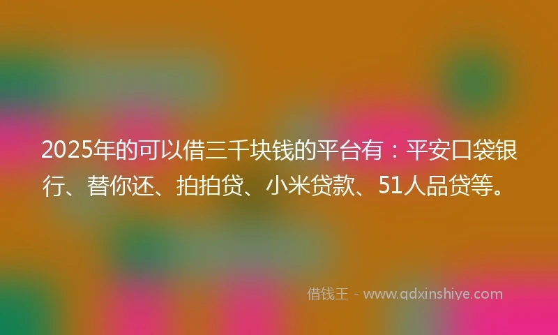 2025年的可以借三千块钱的平台有：平安口袋银行、替你还、拍拍贷、小米贷款、51人品贷等。