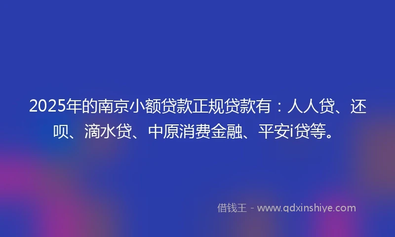 2025年的南京小额贷款正规贷款有：人人贷、还呗、滴水贷、中原消费金融、平安i贷等。