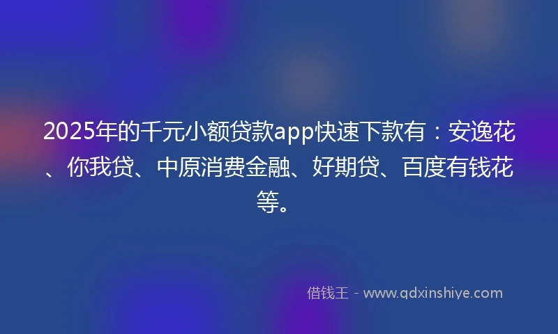 2025年的千元小额贷款app快速下款有：安逸花、你我贷、中原消费金融、好期贷、百度有钱花等。