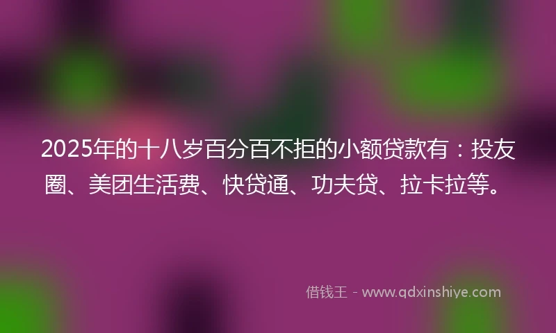 2025年的十八岁百分百不拒的小额贷款有：投友圈、美团生活费、快贷通、功夫贷、拉卡拉等。