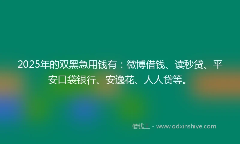 2025年的双黑急用钱有：微博借钱、读秒贷、平安口袋银行、安逸花、人人贷等。