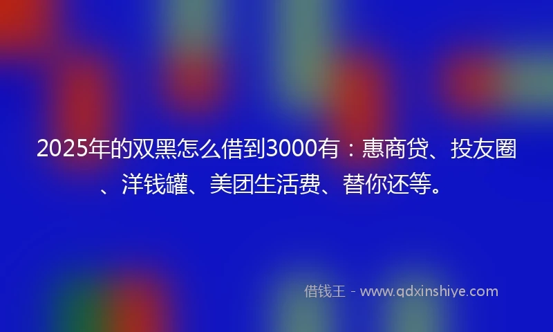 2025年的双黑怎么借到3000有：惠商贷、投友圈、洋钱罐、美团生活费、替你还等。