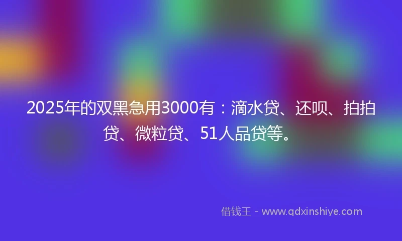 2025年的双黑急用3000有：滴水贷、还呗、拍拍贷、微粒贷、51人品贷等。
