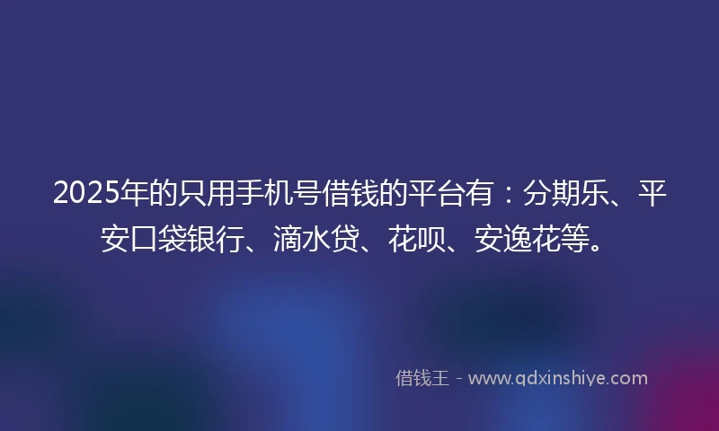 2025年的只用手机号借钱的平台有：分期乐、平安口袋银行、滴水贷、花呗、安逸花等。