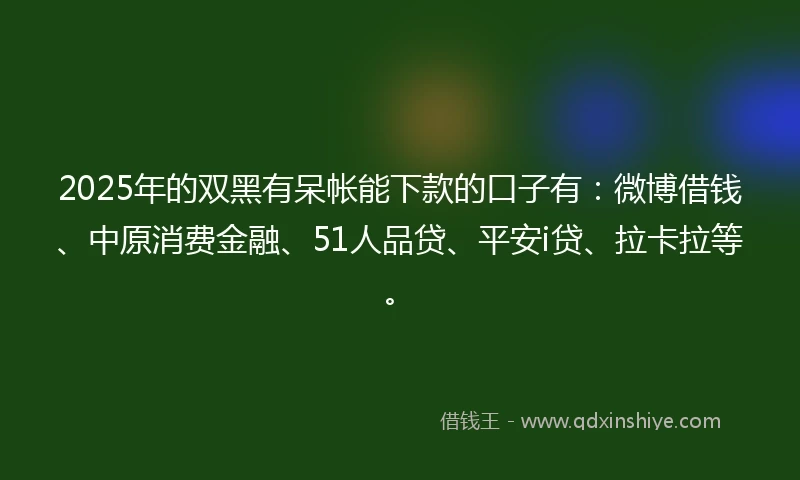 2025年的双黑有呆帐能下款的口子有：微博借钱、中原消费金融、51人品贷、平安i贷、拉卡拉等。