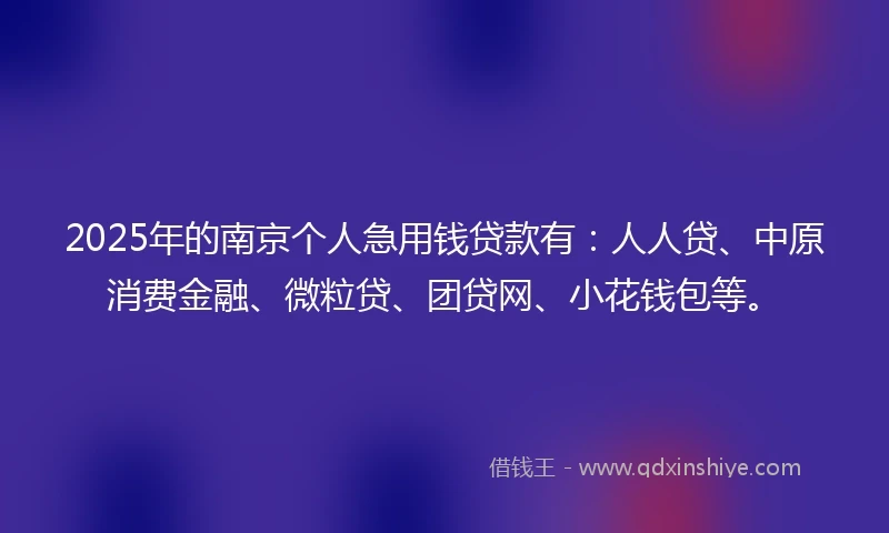 2025年的南京个人急用钱贷款有：人人贷、中原消费金融、微粒贷、团贷网、小花钱包等。
