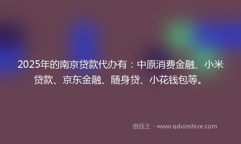 2025年的南京贷款代办有:中原消费金融、小米贷款、京东金融、随身贷、小花钱包等。