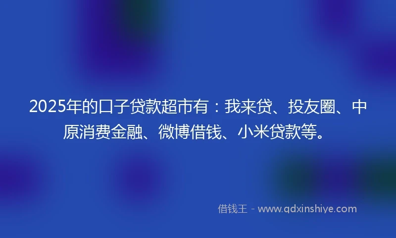 2025年的口子贷款超市有:我来贷、投友圈、中原消费金融、微博借钱、小米贷款等。