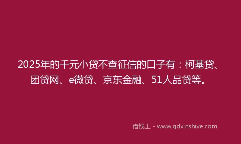2025年的千元小贷不查征信的口子有：柯基贷、团贷网、e微贷、京东金融、51人品贷等。