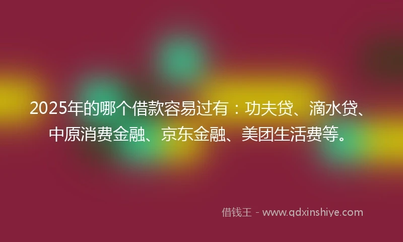 2025年的哪个借款容易过有：功夫贷、滴水贷、中原消费金融、京东金融、美团生活费等。