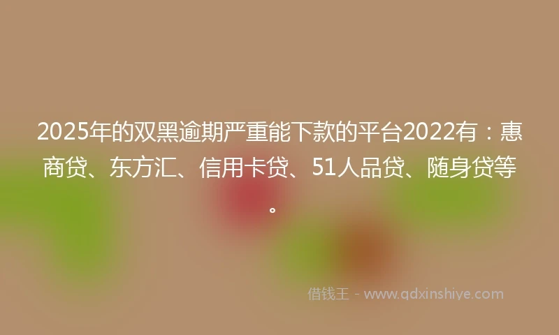 2025年的双黑逾期严重能下款的平台2022有:惠商贷、东方汇、信用卡贷、51人品贷、随身贷等。