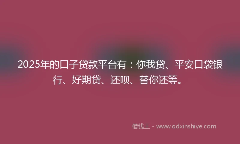 2025年的口子贷款平台有：你我贷、平安口袋银行、好期贷、还呗、替你还等。