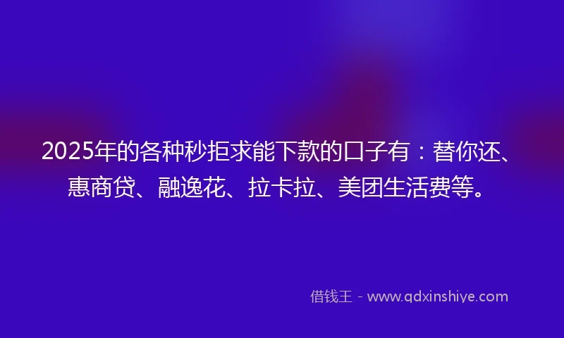 2025年的各种秒拒求能下款的口子有：替你还、惠商贷、融逸花、拉卡拉、美团生活费等。