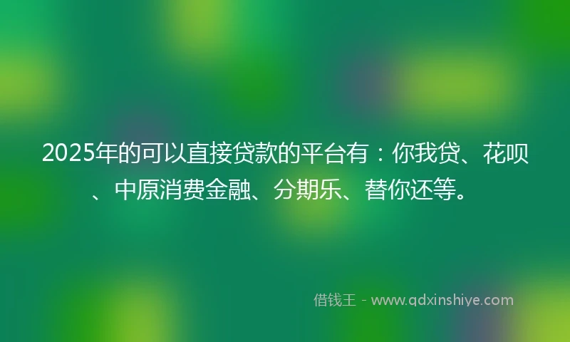 2025年的可以直接贷款的平台有：你我贷、花呗、中原消费金融、分期乐、替你还等。